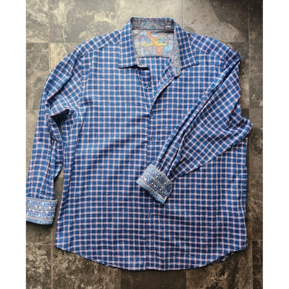 Robert Graham Shirt Button Up Paisley On Plaid Roll Over Cuff Knowledge Red Blue - Picture 8 of 16